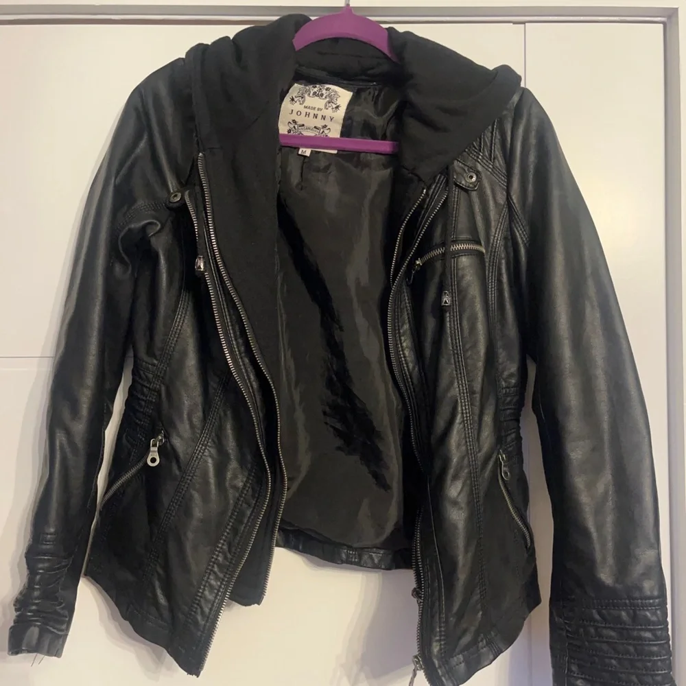 Made By Johnny size M faux leather black biker hooded jacket - Picture 5 of 13